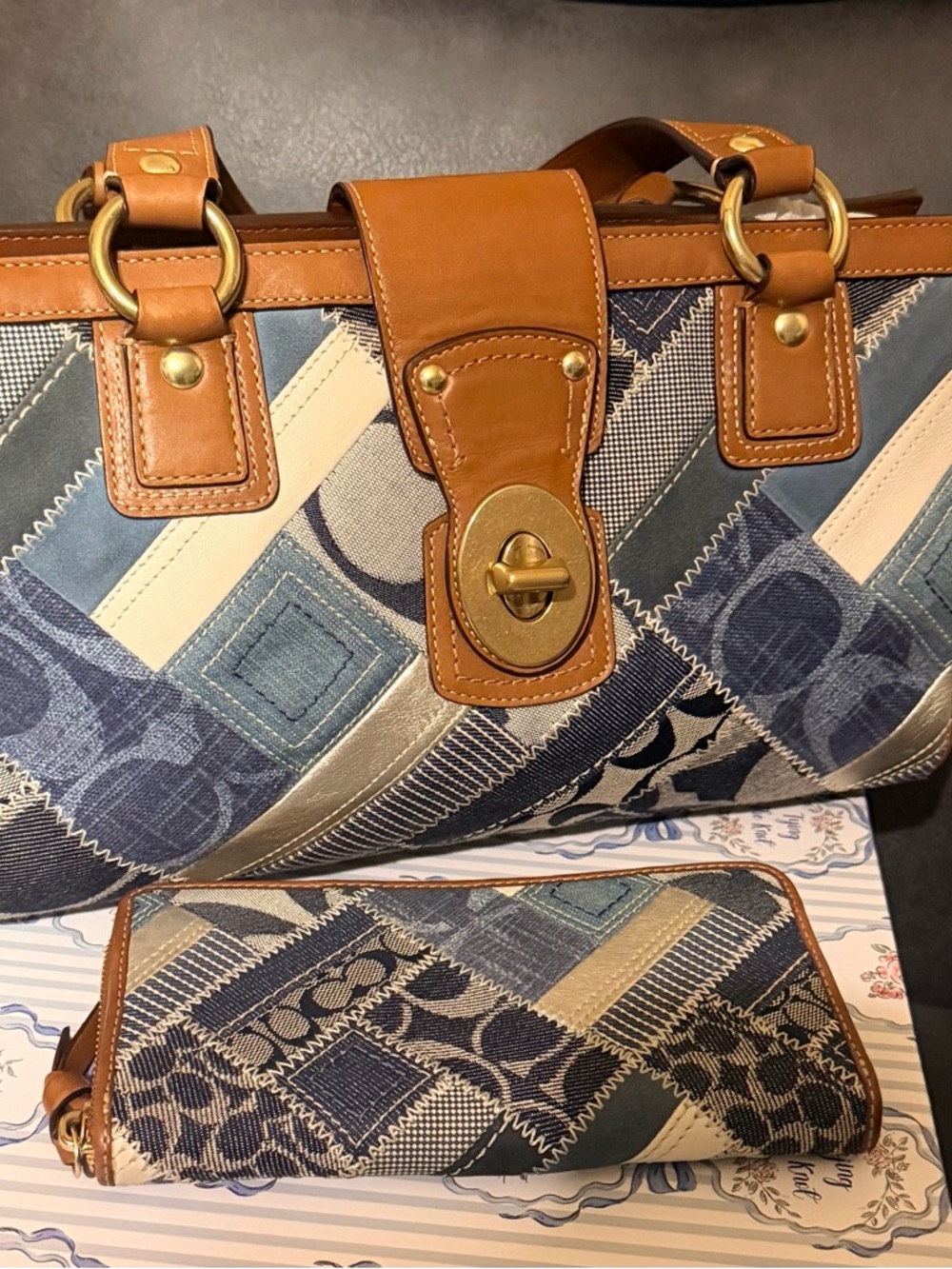 💙SET💙 Coach Turnlock Patchwork Leather-Trim Blue Denim Tote and Wallet Y2K Set.